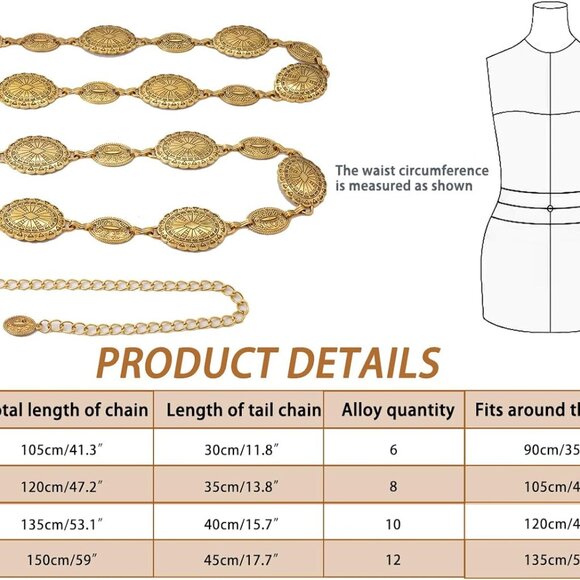 Western Concho Chain Belt for Women Adjustable Metal Waist Jewelry for Dresses - Picture 7 of 7